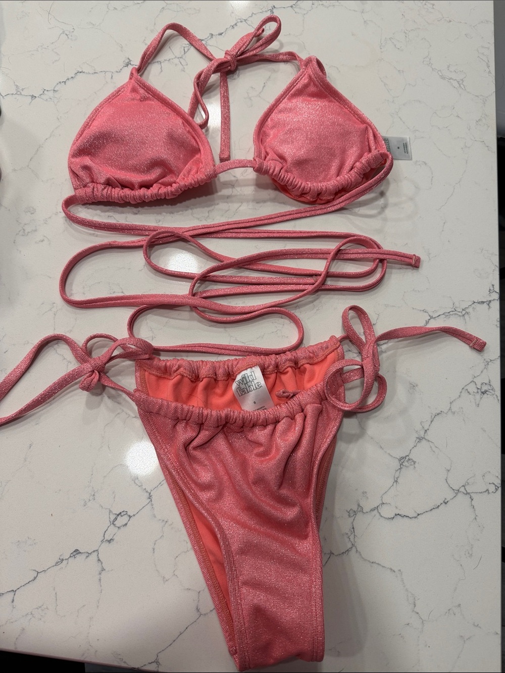 Shimmery Pink Triangle Tie-Side Bikini Set